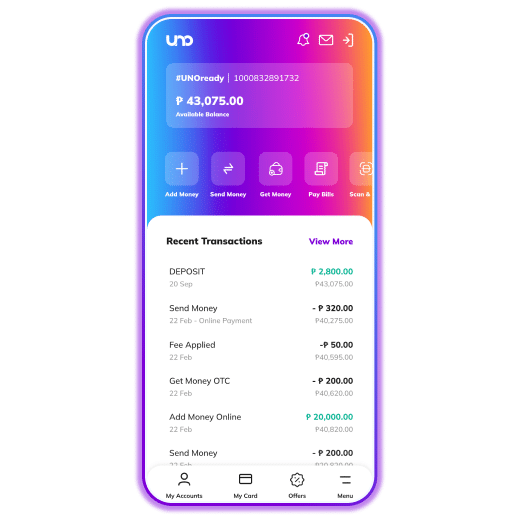 uno digital bank cellphone app savings dashboard light mode