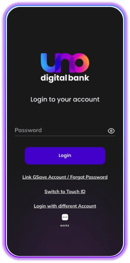 uno digital bank cellphone login app screen dark mode