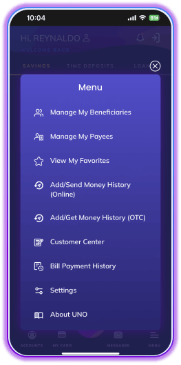 uno digital bank cellphone menu screen dark mode