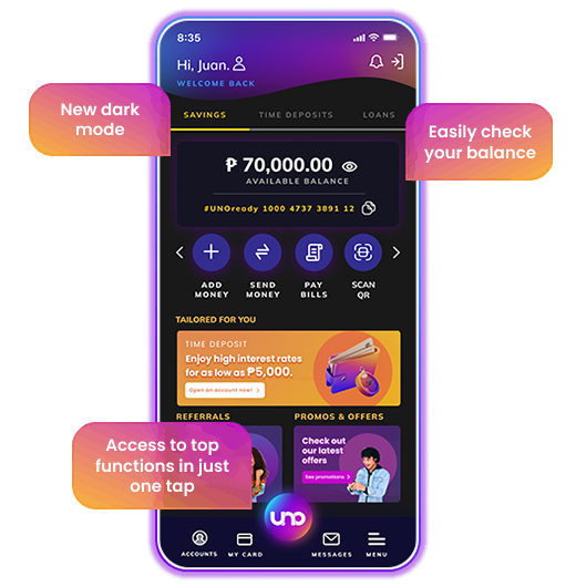 uno digital bank cellphone app savings dashboard dark mode 2 v2