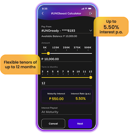 uno digital bank cellphone app calculator unoboost 5 percent